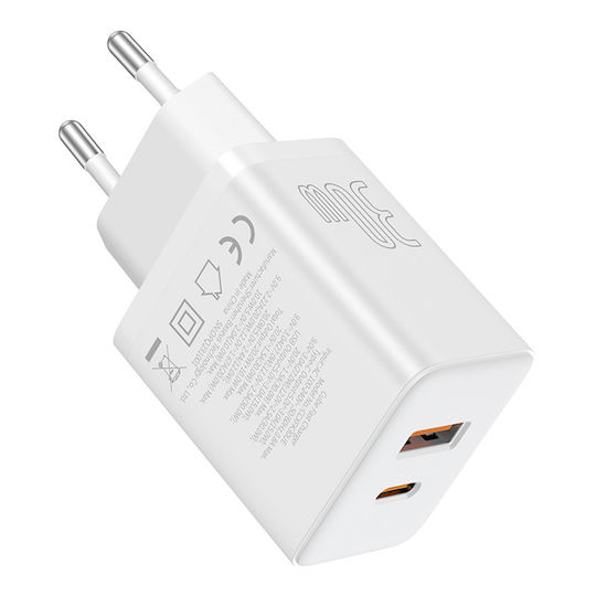 Baseus Încărcător Fără Cablu GaN cu Port USB-A și Port USB-C 30W Livrarea energiei Albς (Cube)