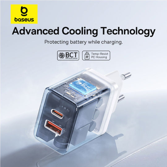 Baseus Încărcător Fără Cablu GaN cu Port USB-A și Port USB-C 30W Livrarea energiei Albς (Cube)