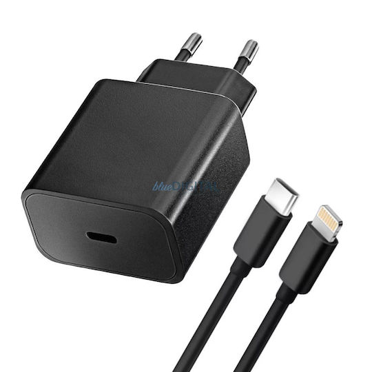 Blue Star Φορτιστής με Θύρα USB-C και Καλώδιο USB-C - Lightning 20W Power Delivery / Quick Charge 4.0 Μαύρος