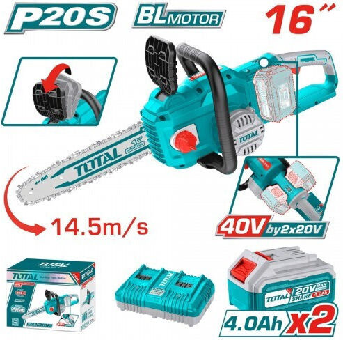 Total Αλυσοπρίονο Μπαταρίας 2x4Ah Brushless 20V 7kg με Λάμα 40cm