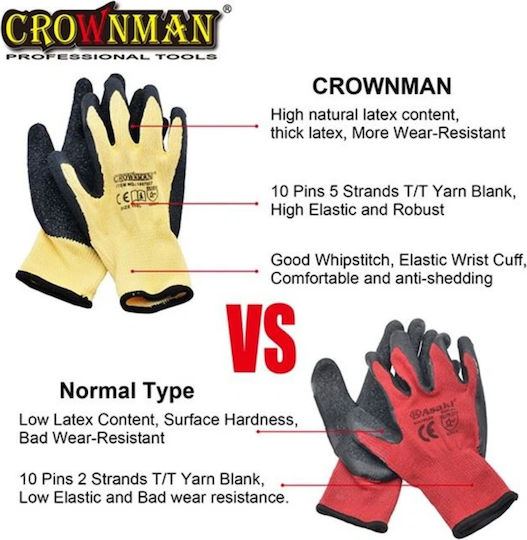 Crownman Γάντια Εργασίας Μαύρα Latex/Πολυεστέρα