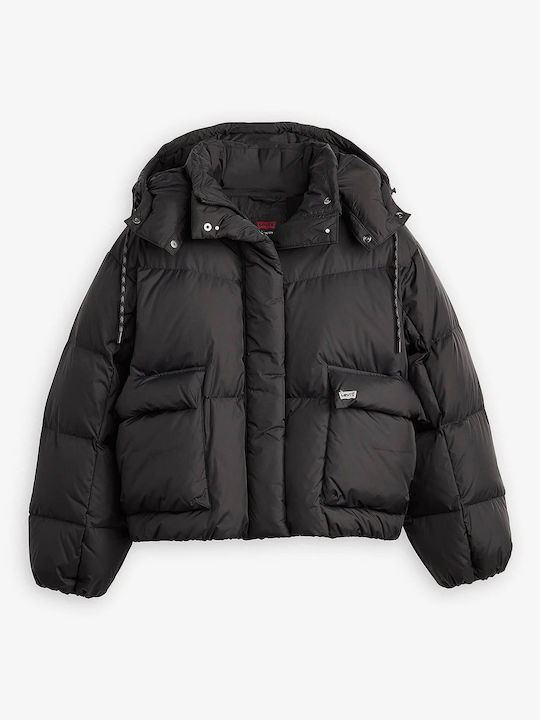 Women's Short Puffer Jacket for Winter Caviar