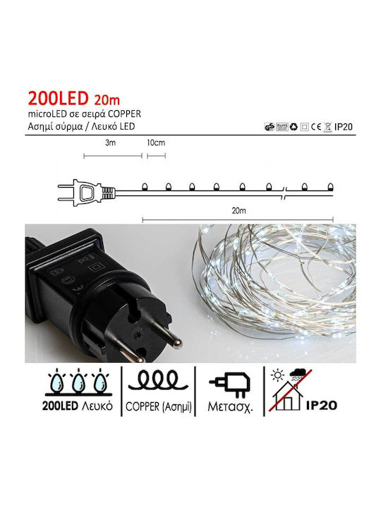 200 Lichterketten LED 20m. Kaltes Weiß in Zeichenfolge