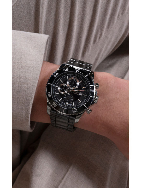 GC Watches Ανδρικό Ρολόι 44mm Χρονογράφος Μπαταρίας με Μαύρο Μεταλλικό Μπρασελέ