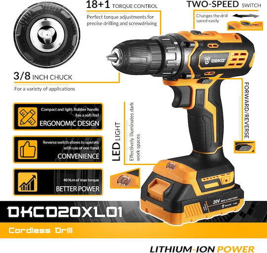 Deko DKCD20XL01-10S3 Brushless Battery Drill Driver 20V 2x2Ah