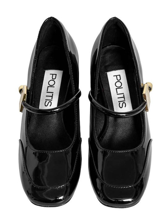 Anatomic Patent Leather Black Medium Heels with Strap