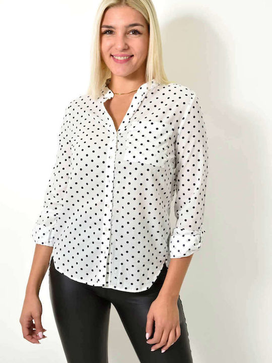 Langärmelig Damen Hemd White Polka Dot