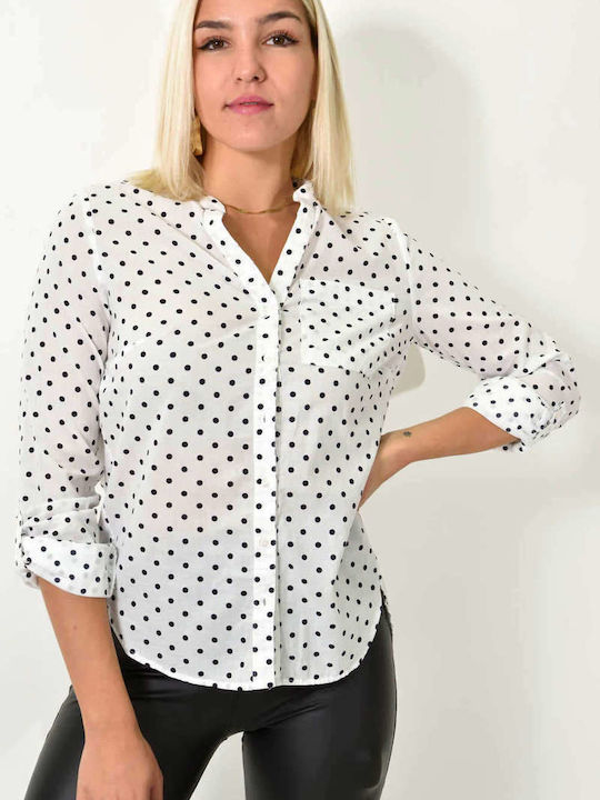 Langärmelig Damen Hemd White Polka Dot