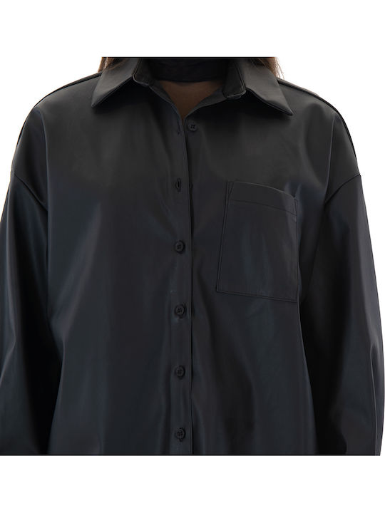 Mânecă lungă Femei Piele Cămașă Black (Black)