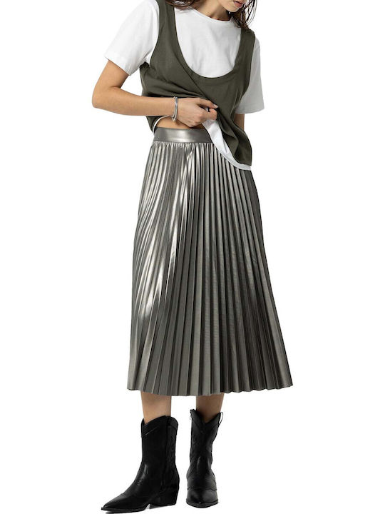 Tiffosi Leather Pleated High-waisted Midi Skirt Silver