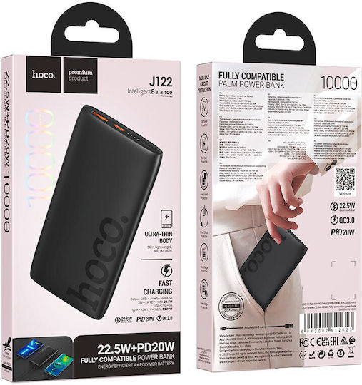 Hoco J122 Power Bank 10000mAh με Θύρα USB-A και Θύρα USB-C Quick Charge 2.0 / Quick Charge 3.0 Μαύρο