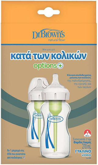 Dr. Brown's Γυάλινο Μπιμπερό Options Κατά των Κολικών με Θηλή Σιλικόνης 270ml 2τμχ