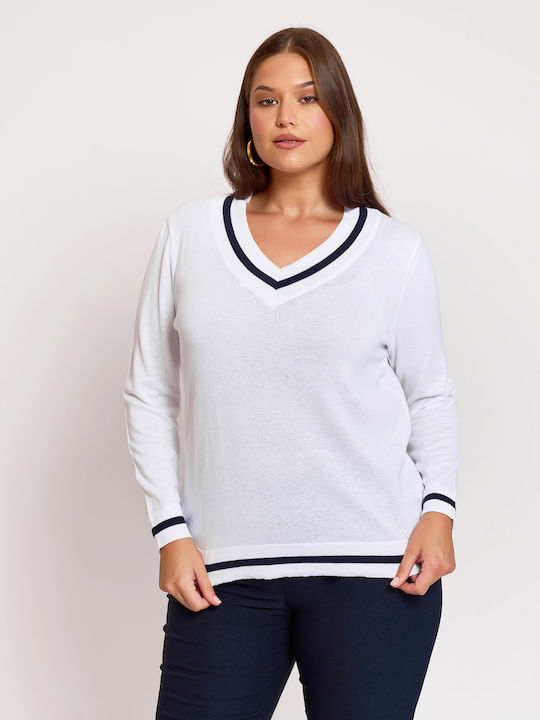 Women's Long Sleeve Sweater Cotton with V Neckline White