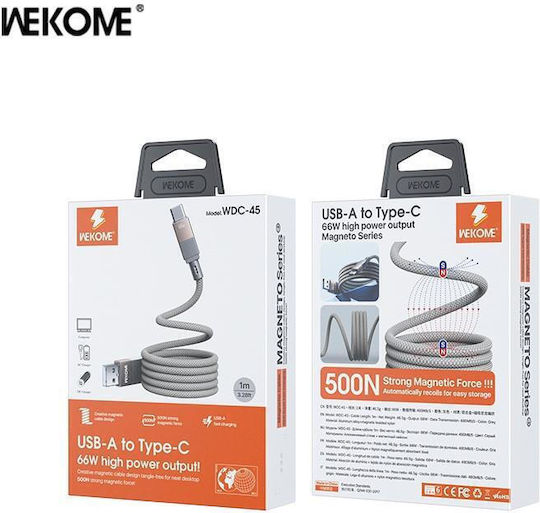 WK Wdc-45 Magnetic / Braided USB 2.0 Cable USB-C male - USB-A 66W PD Γκρι 1m
