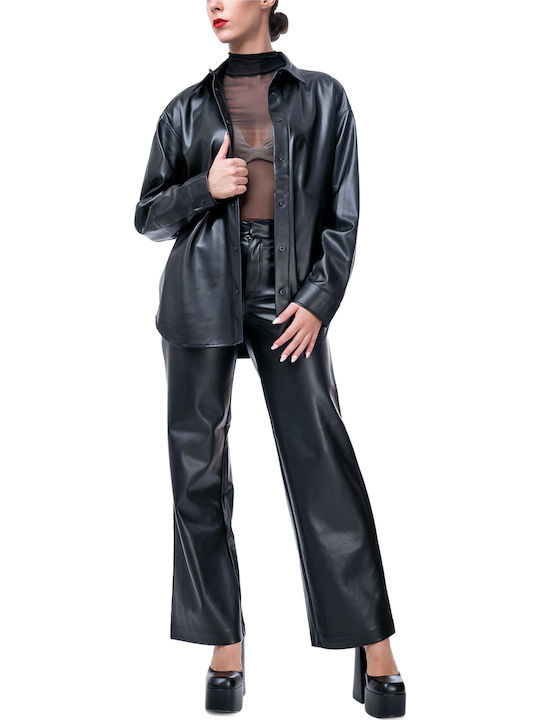 Langärmelig Damen Leder Hemd Schwarz