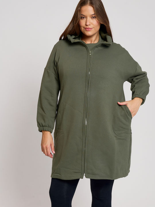 Μακριά Fleece Γυναικεία Ζακέτα με Φερμουάρ Χακί