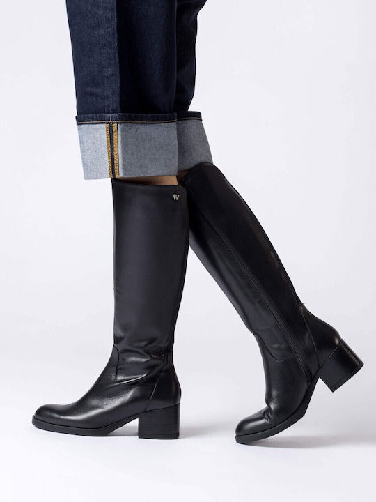 Leather Medium Heel Women's Boots Black