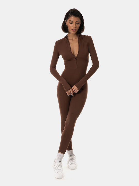 Brown Elastic Jumpsuit with Zipper