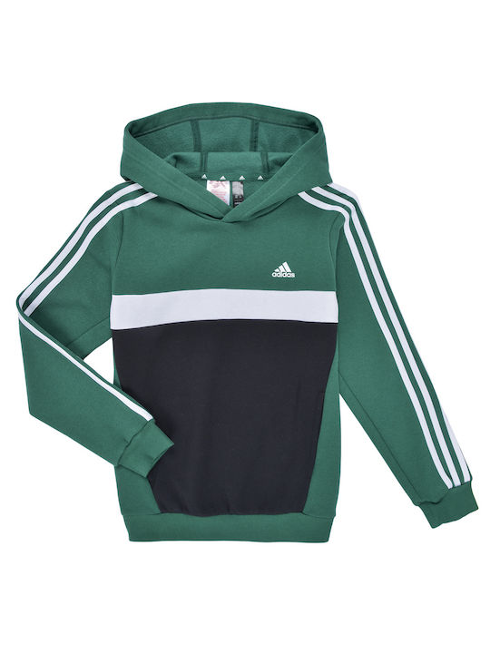 adidas Fleece Kids Sweatshirt with Hood and Pockets Green 3-stripes Colorblock