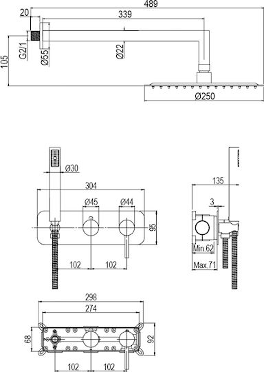 AQG Built-in Mixer & Shower Head Set for Shower Black