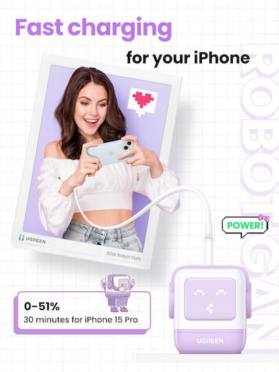 Ugreen Charger Without Cable GaN with USB-A Port and 2 USB-C Ports 65W Power Delivery / Quick Charge 4.0 Purple (Robot)