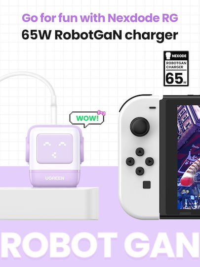 Ugreen Charger Without Cable GaN with USB-A Port and 2 USB-C Ports 65W Power Delivery / Quick Charge 4.0 Purple (Robot)