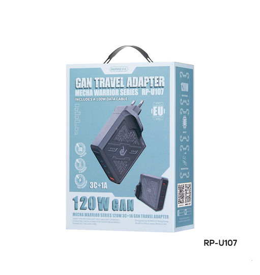 Remax Φορτιστής GaN με Θύρα USB-A και 3 Θύρες USB-C και Καλώδιο USB-C - USB-C 120W Μαύρος (RP-U107)