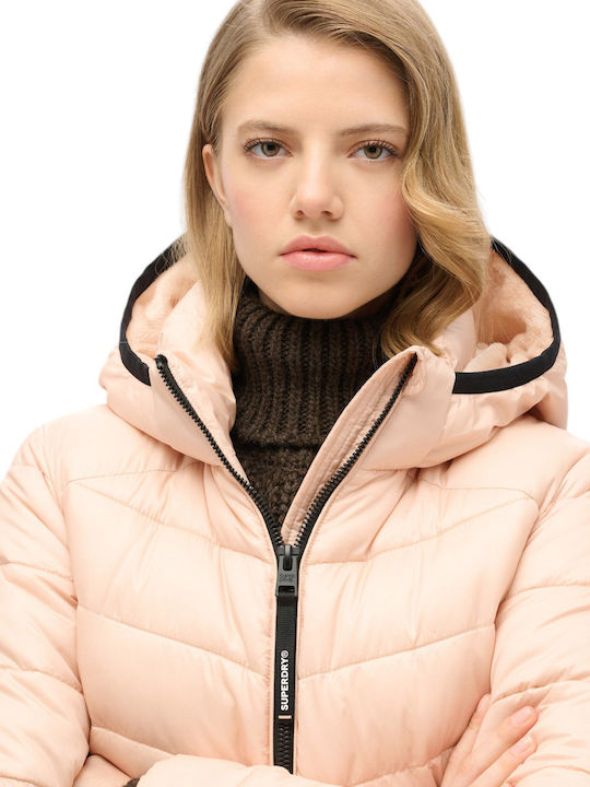 Κοντό Γυναικείο Puffer Μπουφάν για Χειμώνα Beige