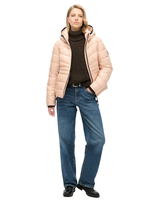 Κοντό Γυναικείο Puffer Μπουφάν για Χειμώνα Beige