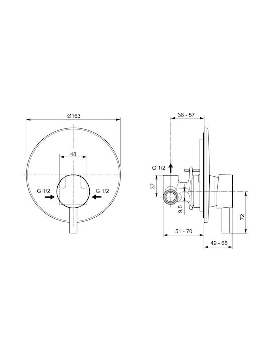Mischer Ideal Standard Ceraline A6940 Unterputz-Duschmischer 47 mm Keramik-Klickverschluss Metallgriff Heiß-Kalt-Wasseranzeige