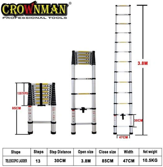 Crownman Scara telescopică Aluminiu 13 Scări cu înălțime maximă de 3.8m