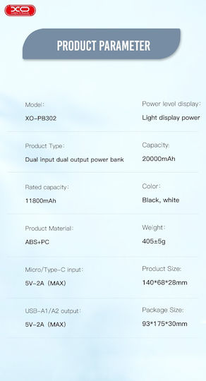 XO PB302 Power Bank 20000mAh cu 2 Porturi USB-A și 2 Porturi USB-C Negru