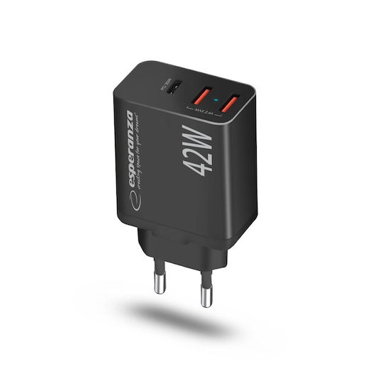 Esperanza Charger Without Cable with 2 USB-A Ports and USB-C Port 42W Power Delivery Blacks (EZC106K)