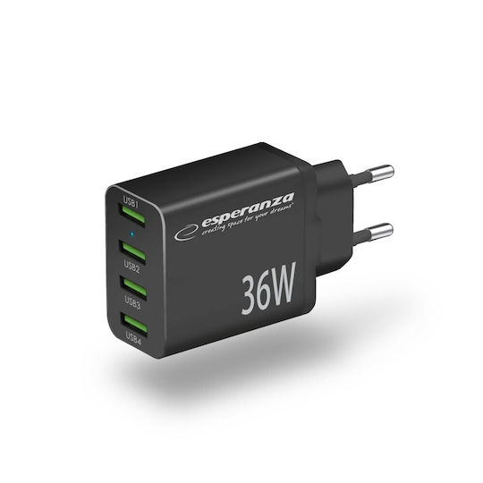 Esperanza Charger Without Cable with 4 USB-A Ports 36W Quick Charge 3.0 Blacks (EZC107K)