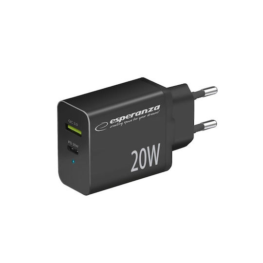 Esperanza Charger Without Cable with USB-A Port and USB-C Port 20W Quick Charge 3.0 Blacks (EZC105K)
