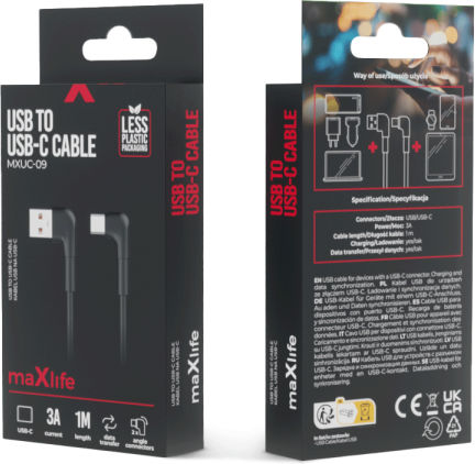 Maxlife Mxuc-09 Angle (90°) USB 2.0 Cable USB-C male - USB-A 15W Μαύρο 1m