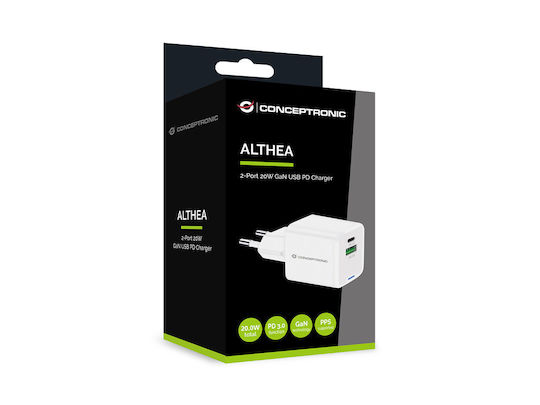 Conceptronic Charger Without Cable with USB-A Port and USB-C Port 20W Power Delivery / Quick Charge 3.0 Whites (ALTHEA15W)