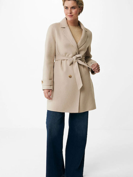 Γυναικείο Light Beige, Μπεζ Παλτό με Κουμπιά