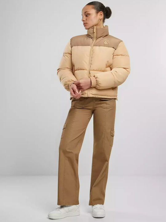 Women's Short Puffer Jacket Double Sided for Winter Beige