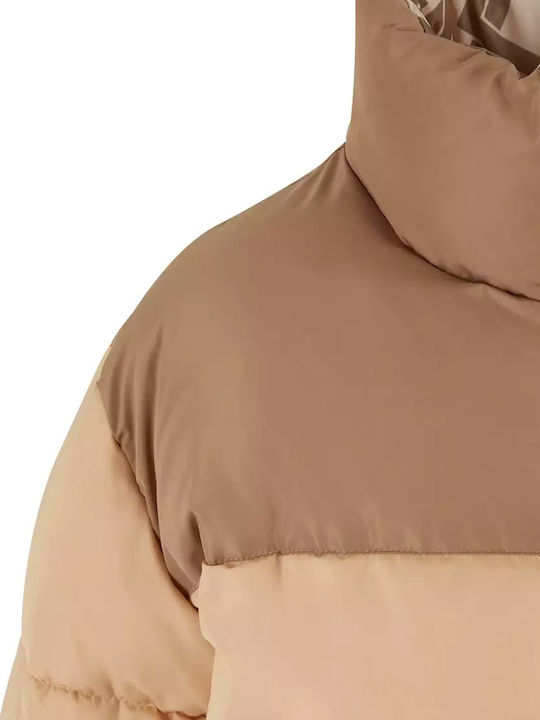 Women's Short Puffer Jacket Double Sided for Winter Beige