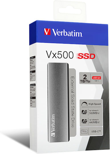 Verbatim Vx500 USB 3.1 / USB-C / USB 3.2 / USB 3.0 External M.2 SSD 2TB Silver