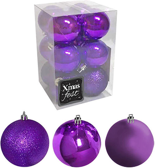 Hängendes Kugel Ornament Ornament Kunststoff Lila mit Glitzer 6cm Set 6Stück