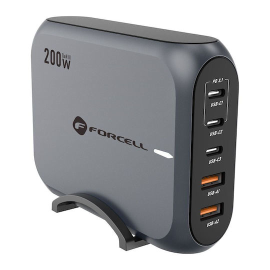 Forcell Încărcător Fără Cablu GaN cu 2 Porturi USB-A și 3 Porturi USB-C 200W Livrarea energiei / Quick Charge 4.0 Gri (VT-51)