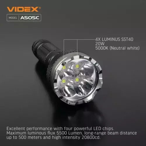 Videx Επαναφορτιζόμενος Φακός LED IP68 με Μέγιστη Φωτεινότητα 5500lm