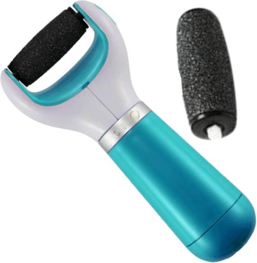 Curățător electric profesional pentru călcâie cu 2 capete abrazive, baterii, USB, ușor de utilizat, alb/albastru