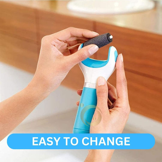 Curățător electric profesional pentru călcâie cu 2 capete abrazive, baterii, USB, ușor de utilizat, alb/albastru