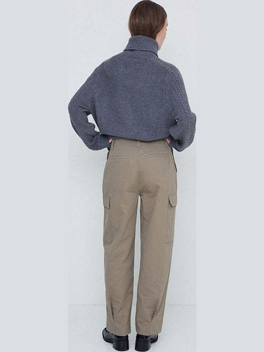 Women's Fabric Cargo Trousers Regular Fit Khaki