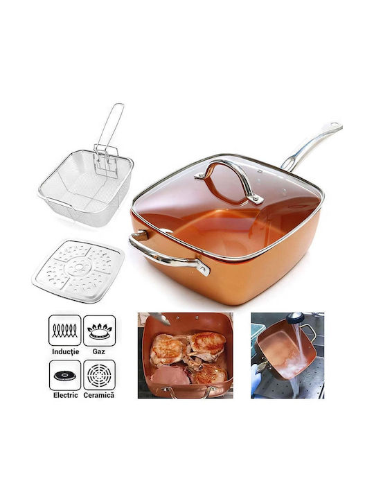 Tigaie pătrată multifuncțională cu capac, grătar pentru prăjit, tavă pentru aburi 24x24x9.5cm Mahon