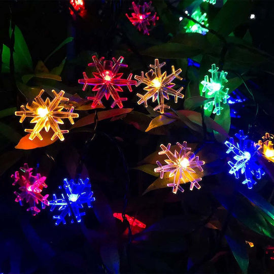 Instalație Solară 50 Fulgi de Nea Led Cristal Alb Galben Multicolor Lumină 7m Lungime