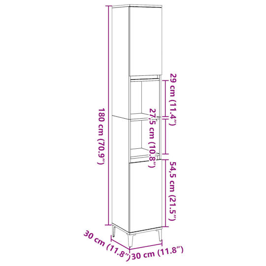 vidaXL Badezimmersäule Wandhängeschrank H30xB30xH190cm Gray